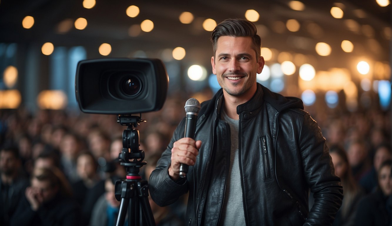 A figure with a microphone and camera, representing Stefan Jurriens, a member of StukTV and Dutch YouTuber, engaging with an audience