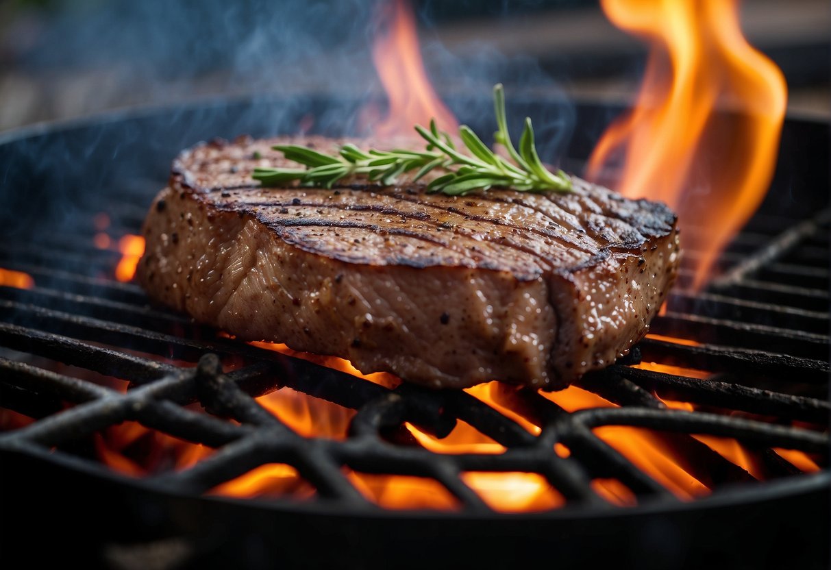 An entrecôte steak sizzling on a hot BBQ grill, with flames licking the edges and smoke rising in the air