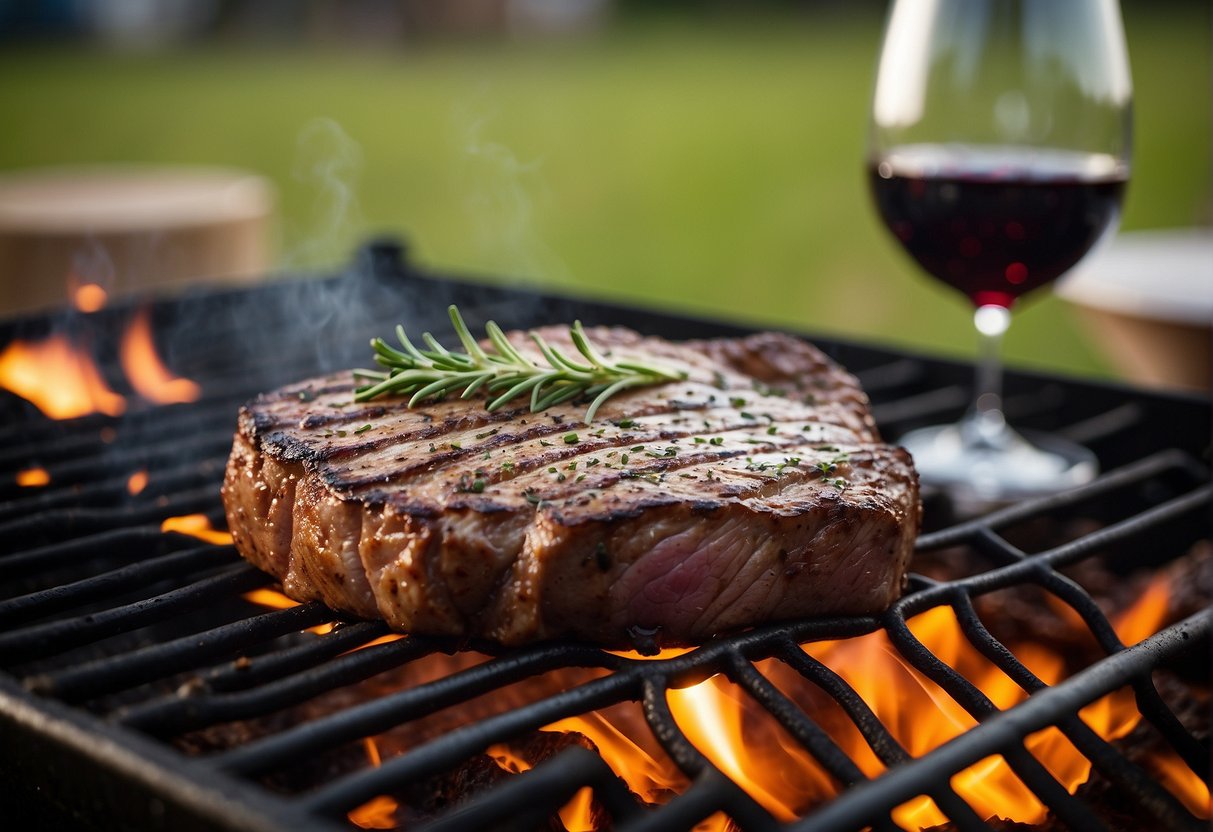 A sizzling entrecôte steak grilling on a BBQ, with a glass of wine and assorted flavors in the background