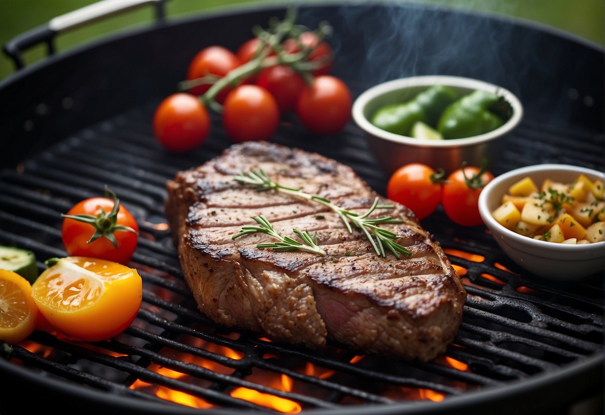 A sizzling entrecôte steak grilling on a BBQ, surrounded by handy accessories and tools for cooking