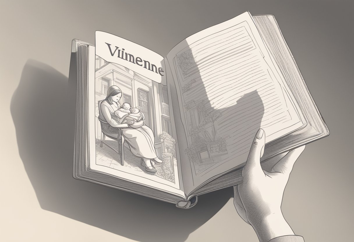 A parent holding a newborn baby book open to the page with the name "Vivienne" highlighted in bold letters