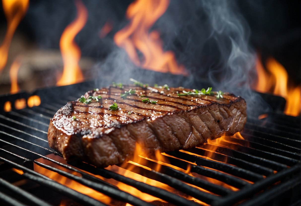A sizzling entrecôte steak cooks on a smoky BBQ grill, surrounded by flames and grilling marks. A plume of savory aroma rises from the meat