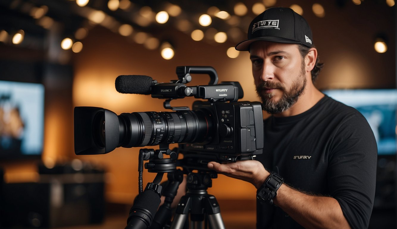 A man with a camera, surrounded by filming equipment and a logo of StukTV