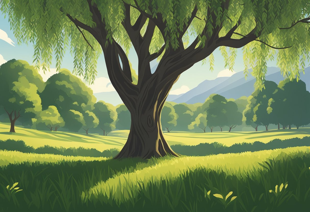 A willow tree stands tall in a lush meadow, its graceful branches swaying in the gentle breeze. The sun filters through the leaves, casting dappled shadows on the ground