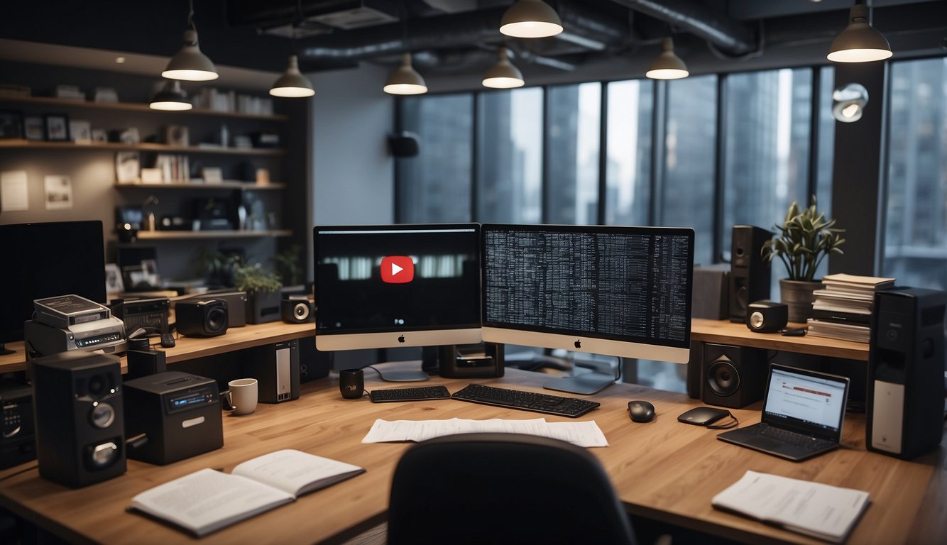 A busy office with a large desk, computer, and stacks of papers. A wall display shows the logo of "StukTV" and a YouTube play button