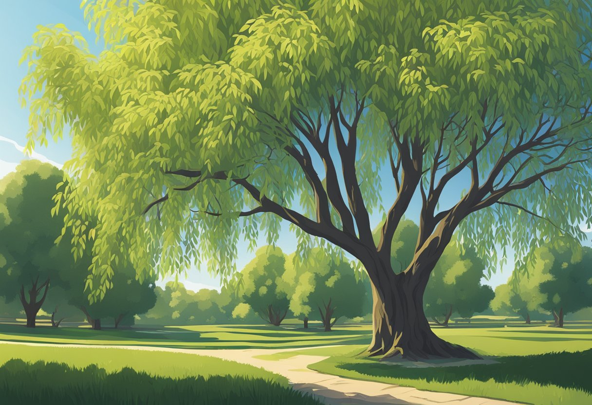 A willow tree stands tall and graceful, its long, slender branches swaying gently in the breeze. The sun shines through the leaves, casting dappled shadows on the ground below