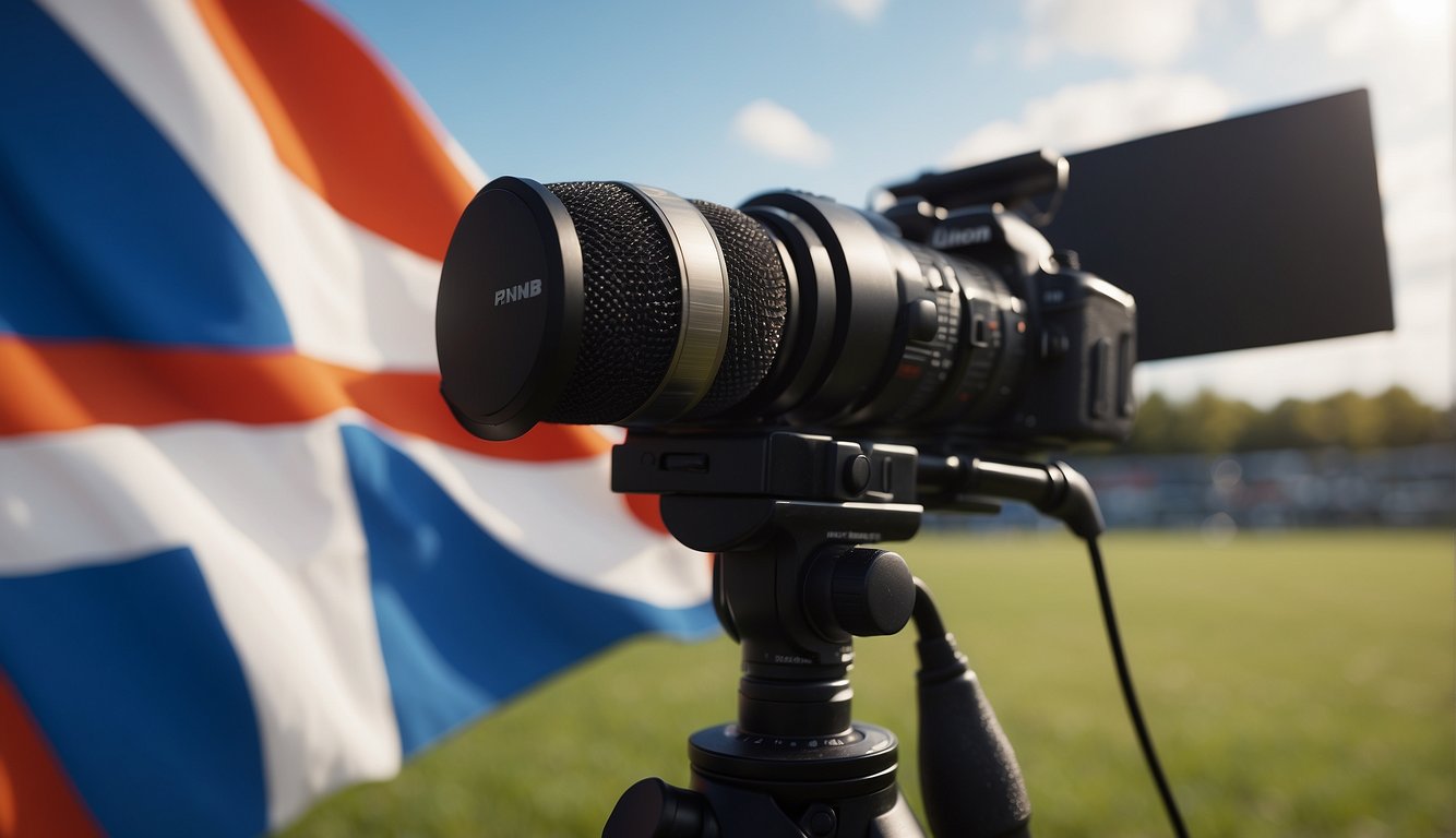 A Dutch flag waving in the wind next to a microphone and camera