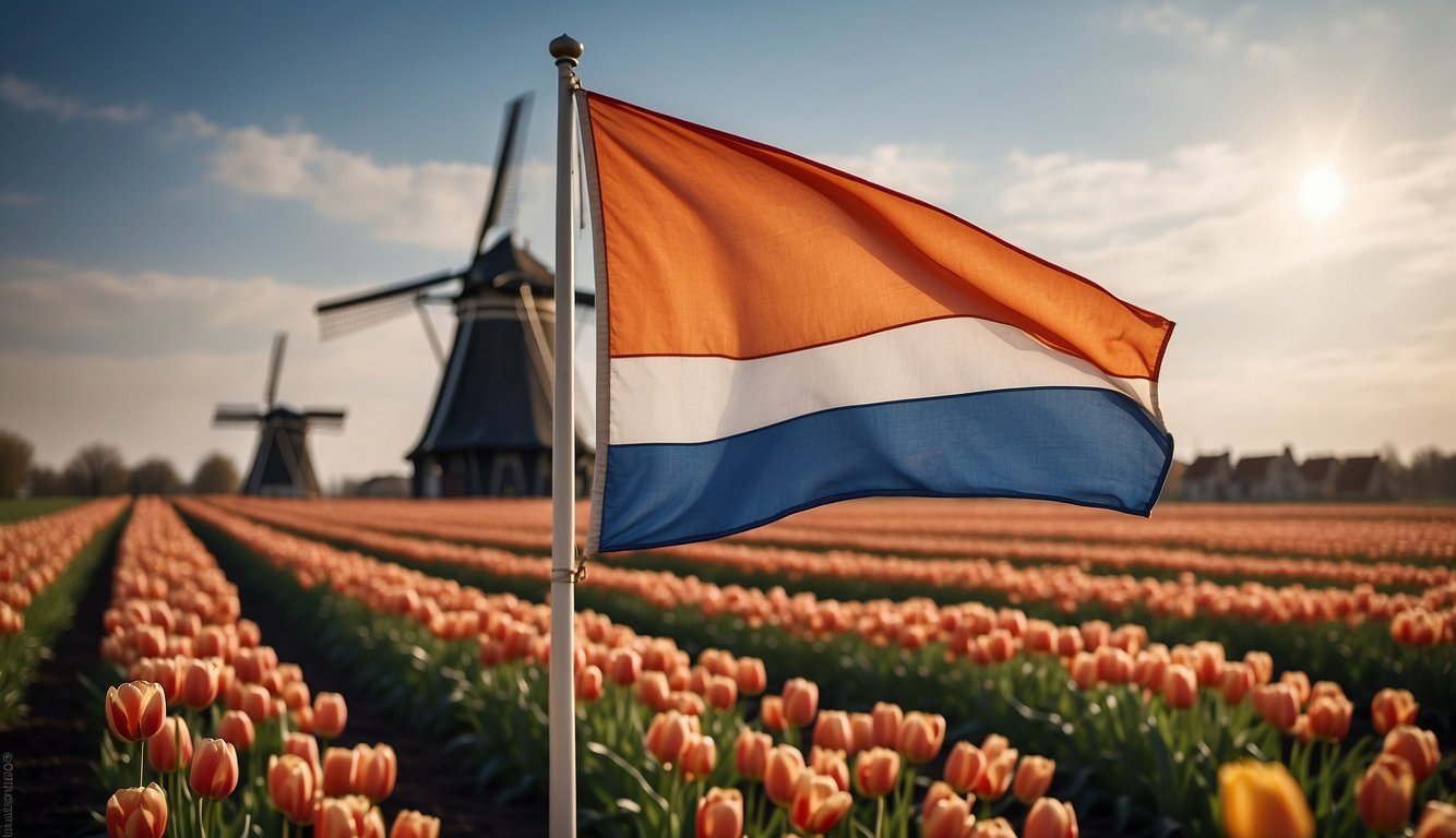 A Dutch flag waving in the wind against a backdrop of iconic Dutch landmarks, such as windmills and tulip fields