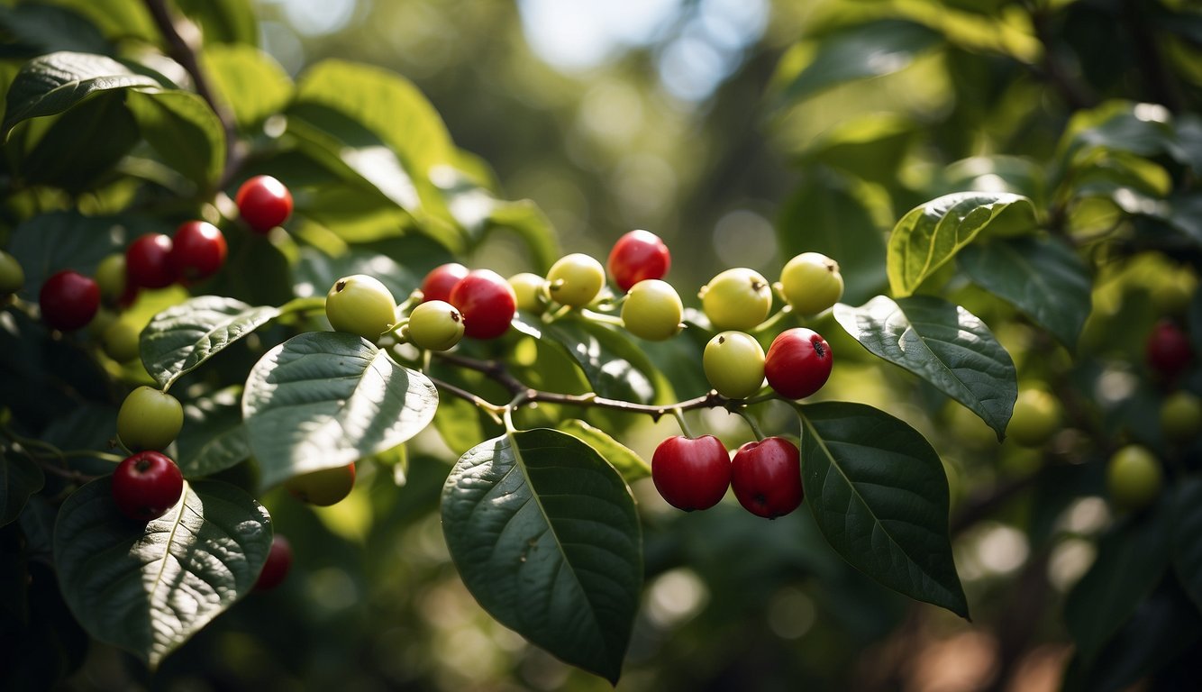 Coffee plants surrounded by healthy foliage, with no signs of pests or diseases. Clear, sunny skies overhead, and a well-maintained garden environment