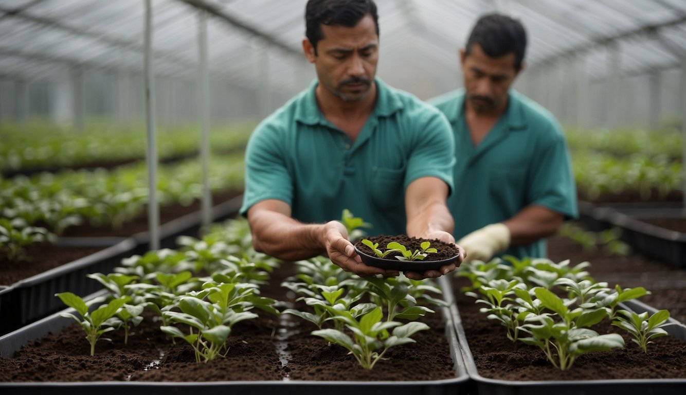 Coffee seedlings in nursery trays, being watered and fertilized. A technician grafts coffee plants in a controlled environment