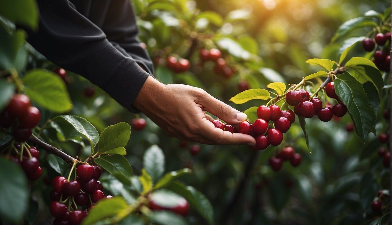 Coffee cherries being picked from lush, green bushes in the early morning light. Workers carefully selecting only the ripest cherries for harvesting