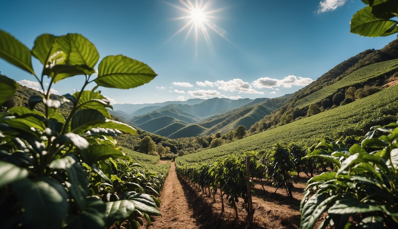 Lush coffee plants surrounded by curious onlookers, with a backdrop of rolling hills and a clear blue sky