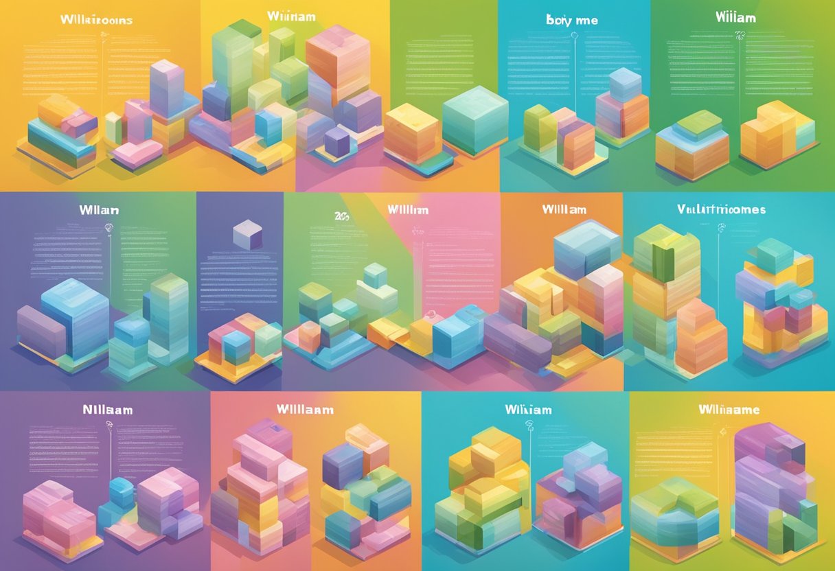 "Variations and Nicknames baby name William" displayed on a colorful chart with different fonts and styles