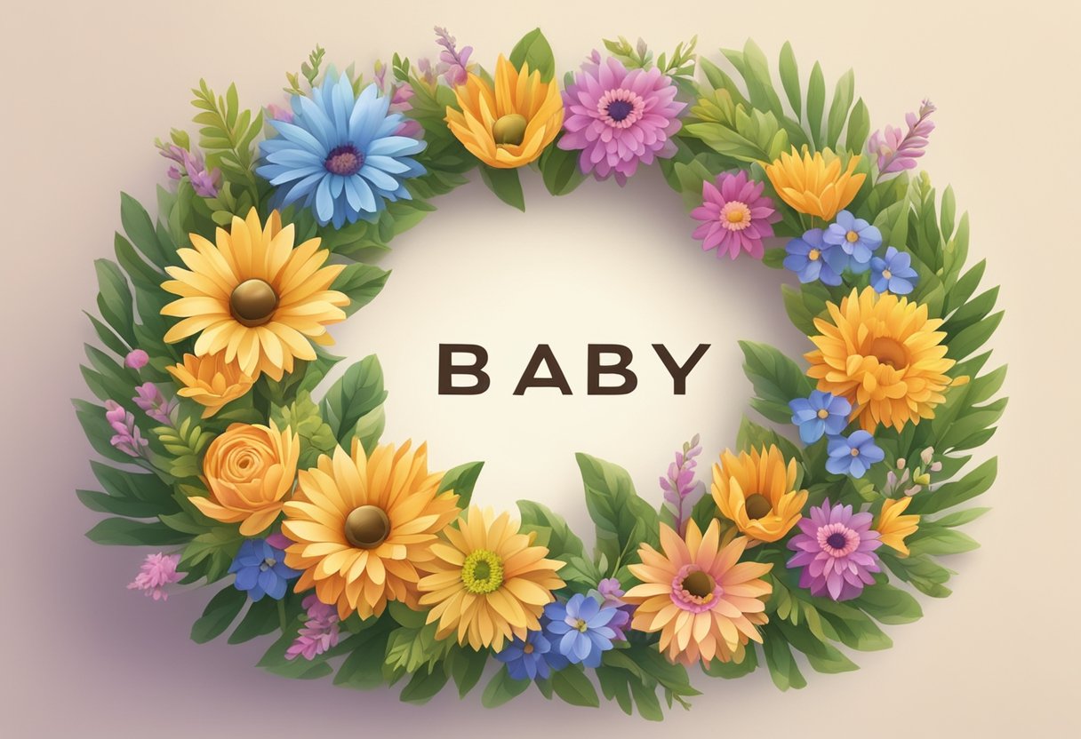 A wreath made of colorful flowers and leaves with the name "baby" woven into the center