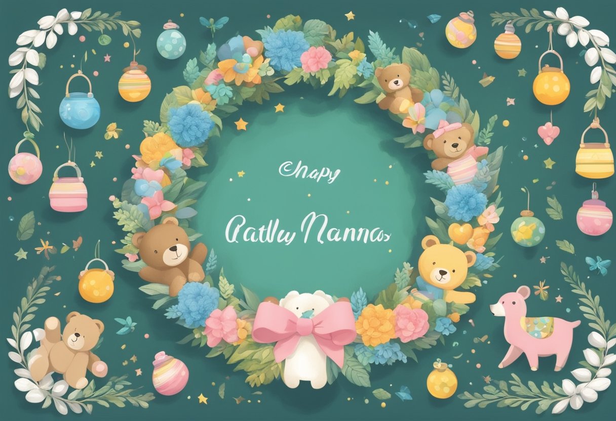 A colorful wreath with baby names in various fonts and colors, surrounded by playful baby-themed decorations like rattles, pacifiers, and teddy bears