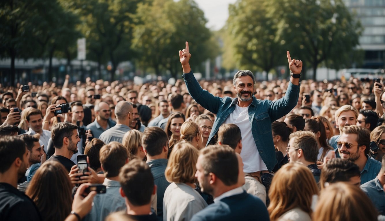 A crowded public event with Veras Fawaz, a Dutch TikTokker, surrounded by fans and media. The atmosphere is lively and filled with excitement