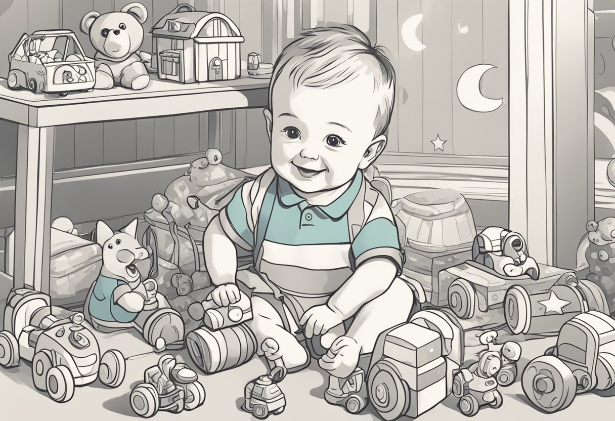 A smiling baby named Zachary playing with colorful toys
