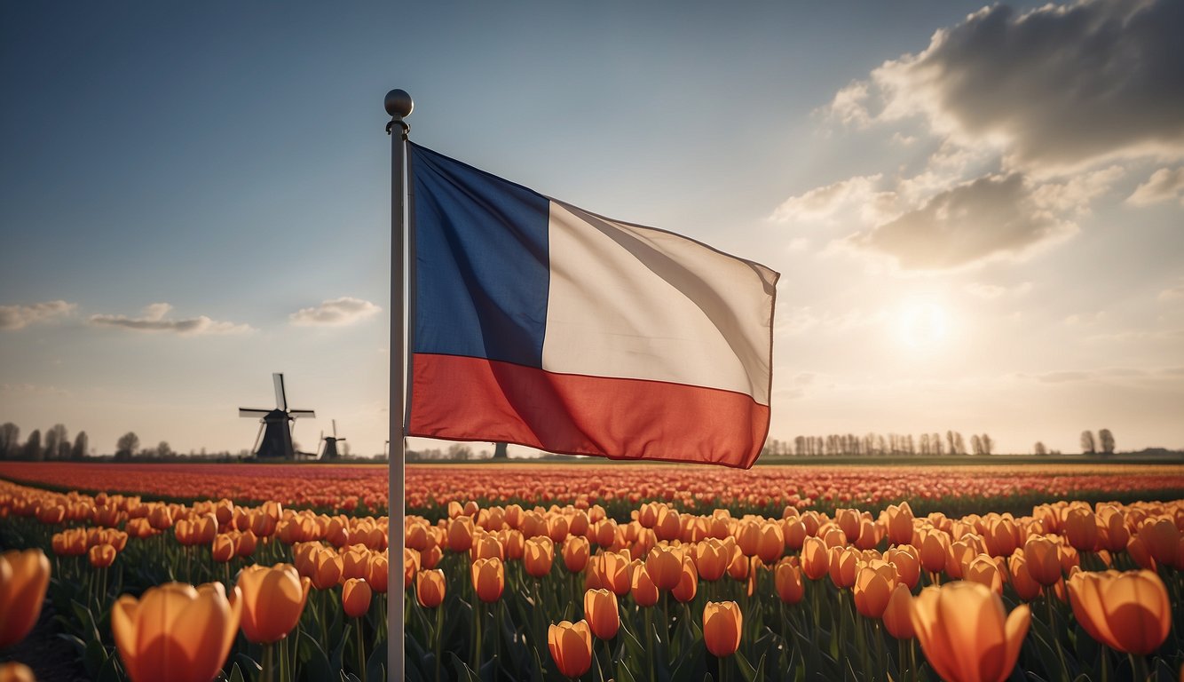 A Dutch flag waving in the wind against a backdrop of tulip fields and windmills