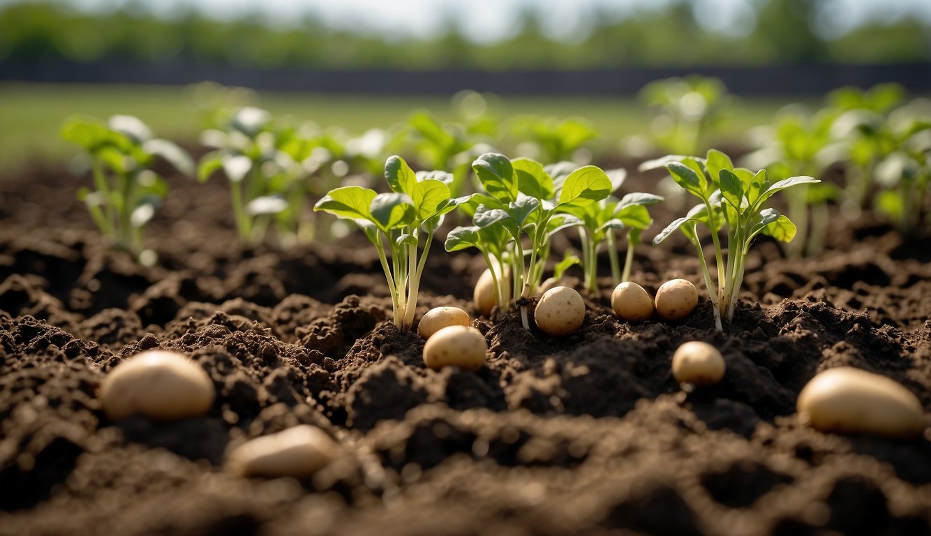 Potato seeds are planted in the soil. As they grow, green shoots emerge from the ground, developing into leafy plants with white flowers. Underground, the potato tubers form and swell, ready for harvest
