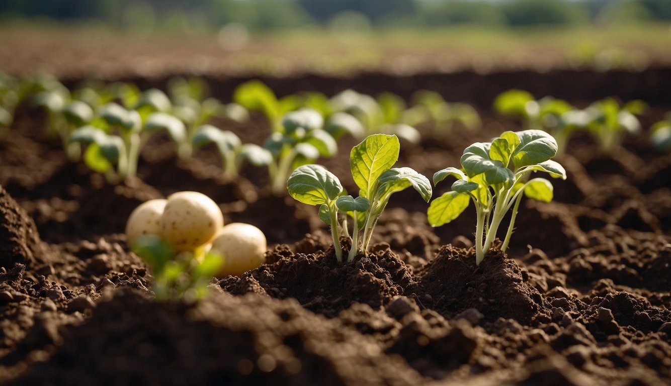 Potatoes are planted in rows in the soil, with small seed potatoes being placed at regular intervals and covered with a layer of dirt