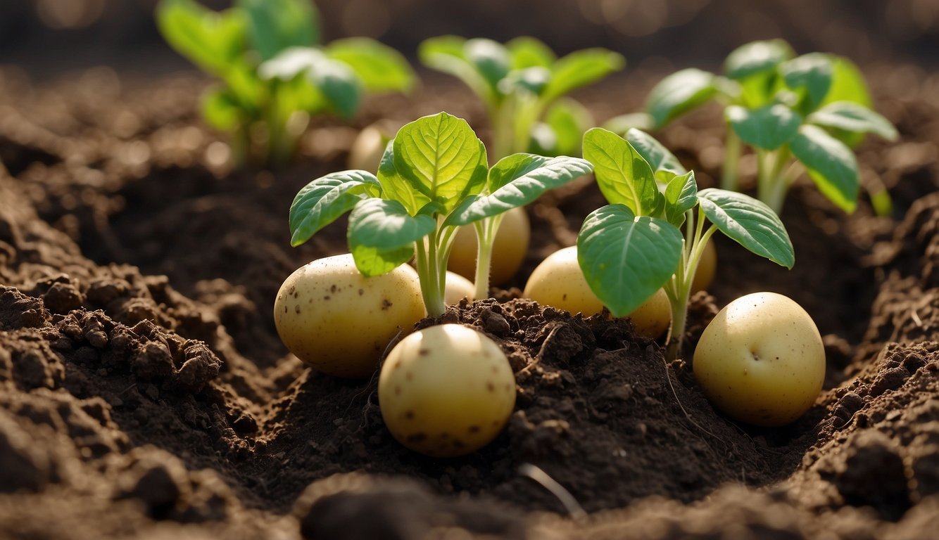 Potatoes grow underground, surrounded by soil and roots. The plant's green leaves and stems emerge from the soil, while the tubers develop beneath the surface