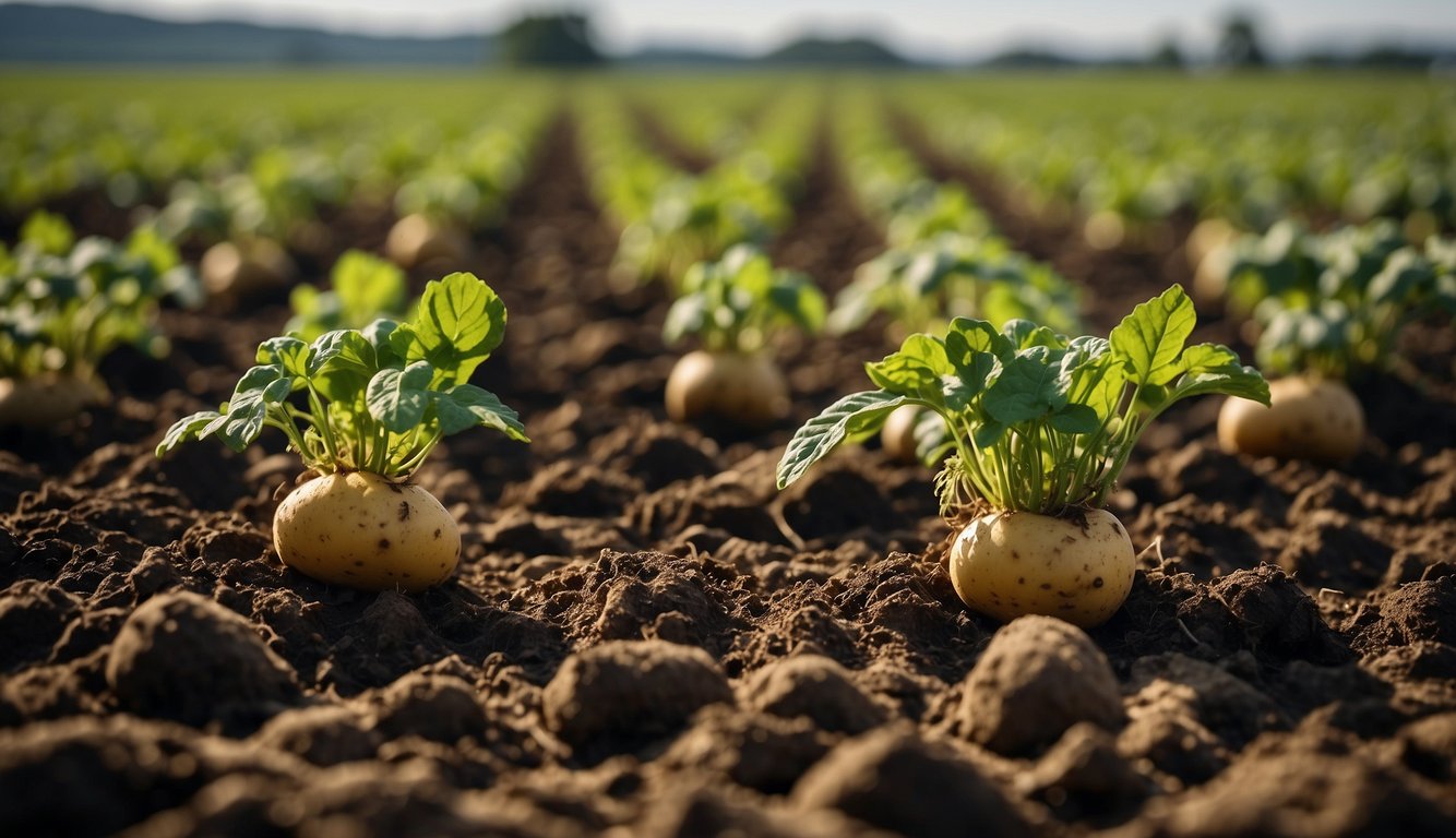 Potatoes grow underground on sprawling vines, with tubers forming at the base of the plant. After harvesting, they are stored in cool, dark areas to prevent sprouting