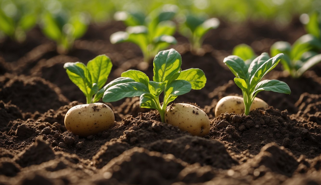 Potatoes grow in mounds of soil, with green vines emerging from the ground. The vines produce flowers and eventually, the potatoes grow underneath the soil
