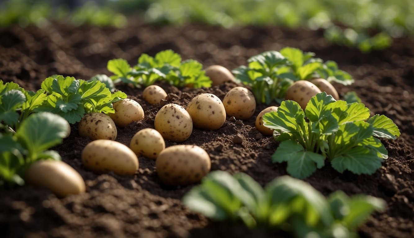 Potatoes grow underground, nestled in the soil, with green leafy plants above. The tubers vary in size, shape, and color, ready for culinary use