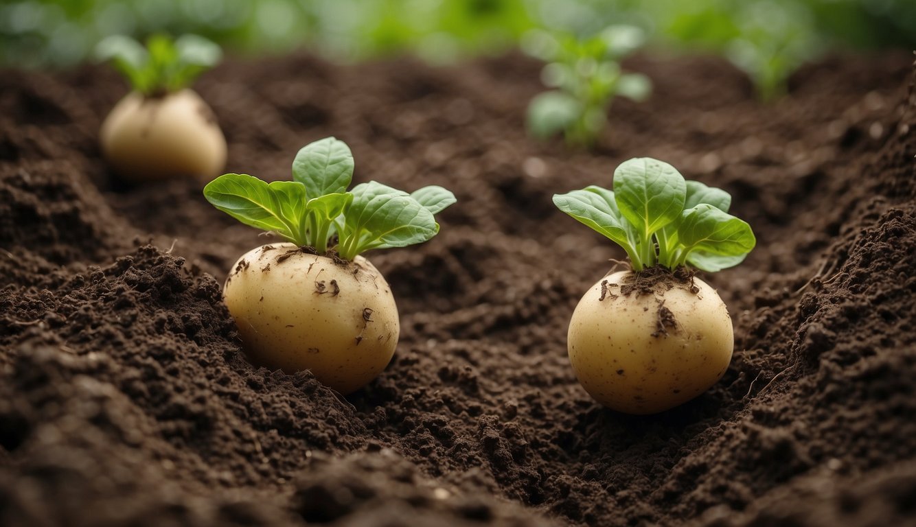Potatoes grow underground in a tangle of roots and soil. The plant's green leaves poke out from the earth, while the tubers develop beneath the surface