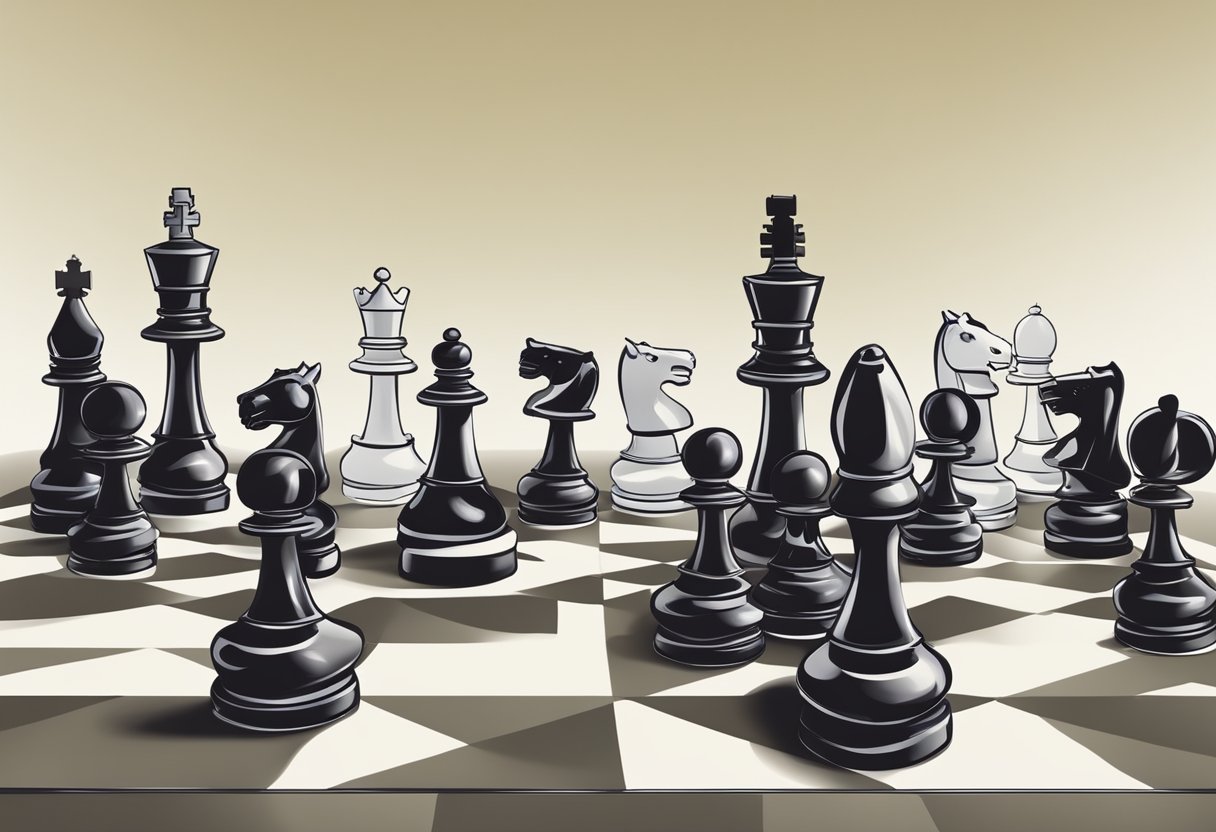 Pieces on a chessboard in a defensive position, preventing checkmate