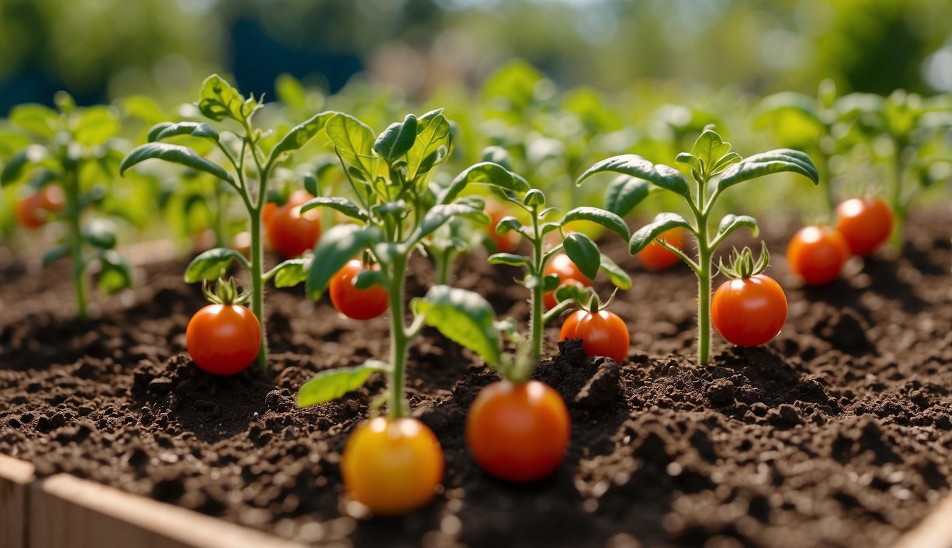 Tomato plants thrive in rich, well-drained soil with full sun. Mulch around the base to retain moisture and prevent weeds. Support with stakes or cages as they grow. Regularly water and fertilize to encourage healthy, vigorous growth