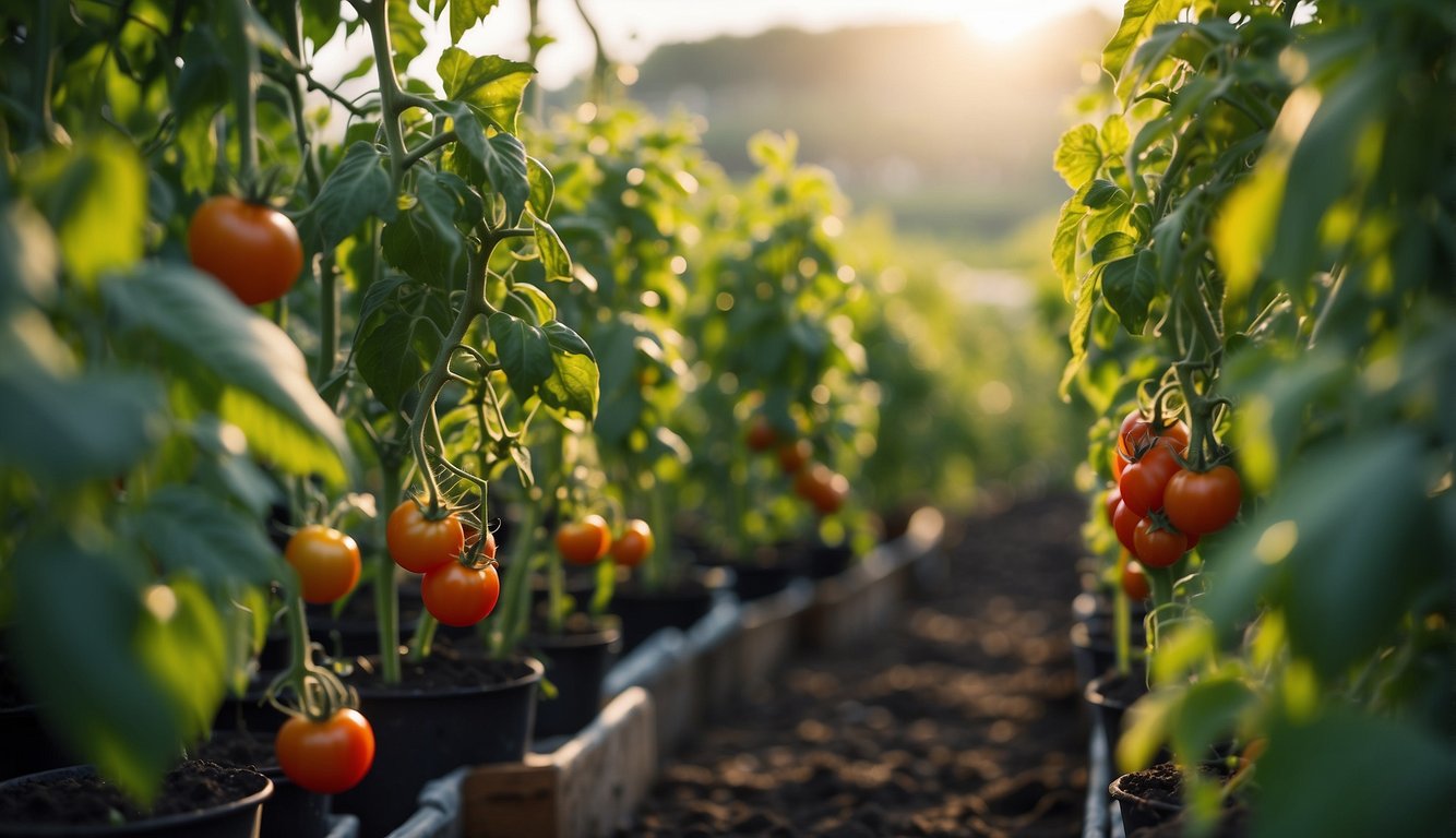 Lush tomato plants thrive in a controlled environment, with ample sunlight and consistent watering. Sturdy trellises support the sprawling vines, while nutrient-rich soil promotes continuous growth