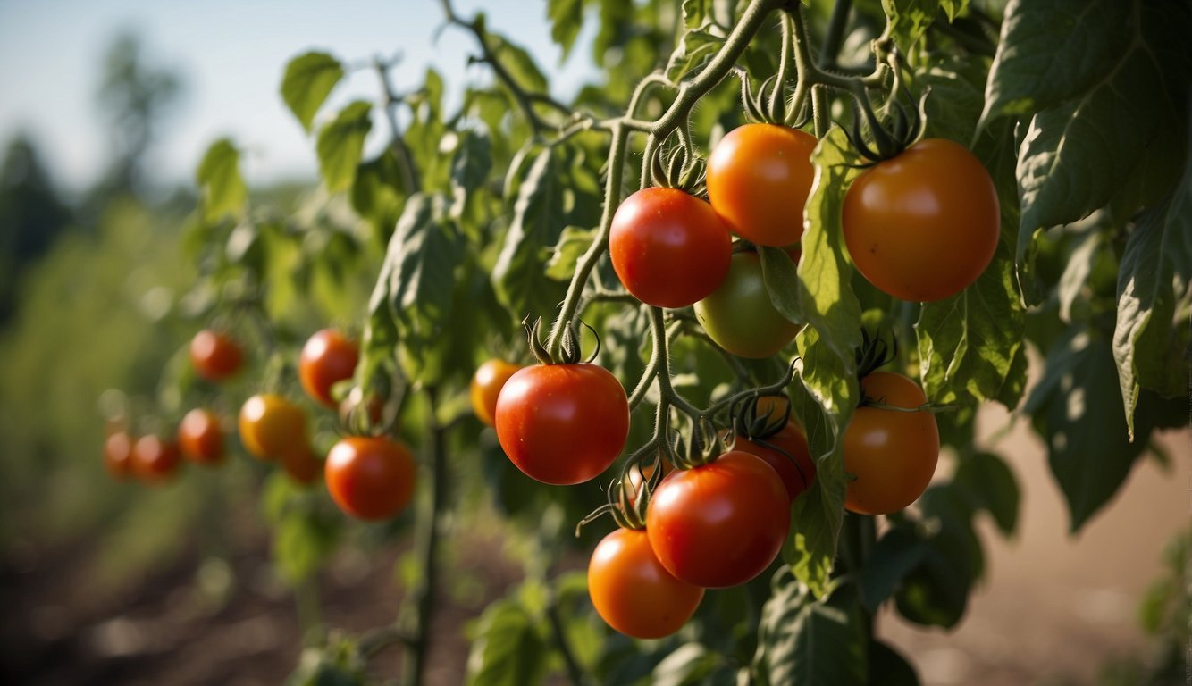 Tomato plants thriving year-round in a garden, with ripe fruits hanging from the vines and lush green leaves