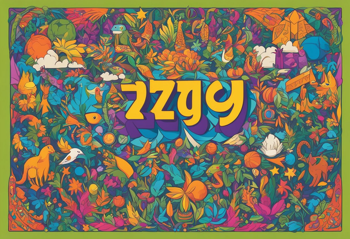 A colorful tapestry of diverse cultural symbols surrounding the name "Ziggy" in bold, vibrant letters