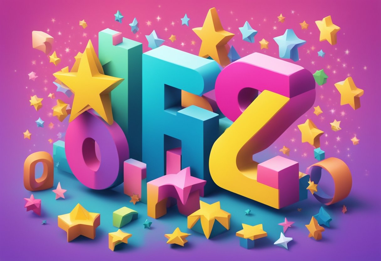 A colorful array of letters spelling out "Ziggy" in playful, gender-neutral fonts, surrounded by stars and other celestial elements