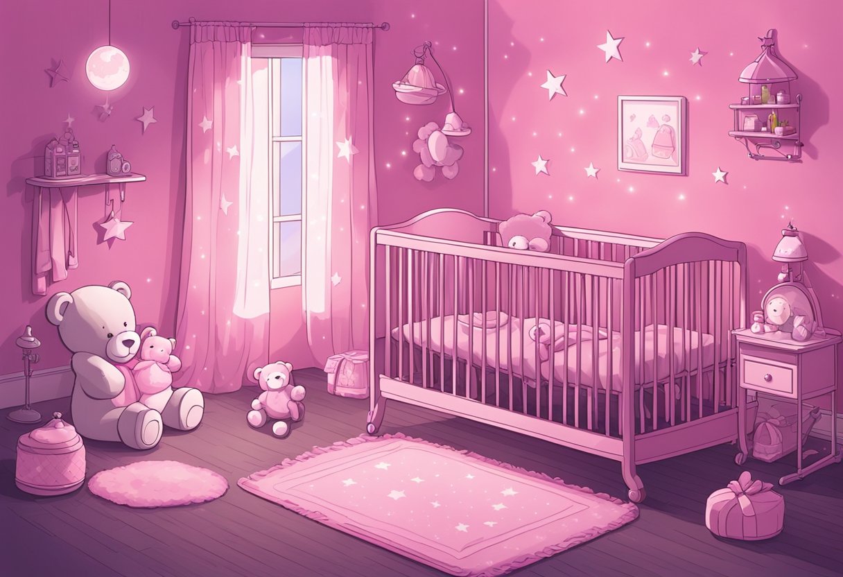 A crib with a pink blanket and a teddy bear, a mobile with stars and moons, and a baby bottle on a nightstand