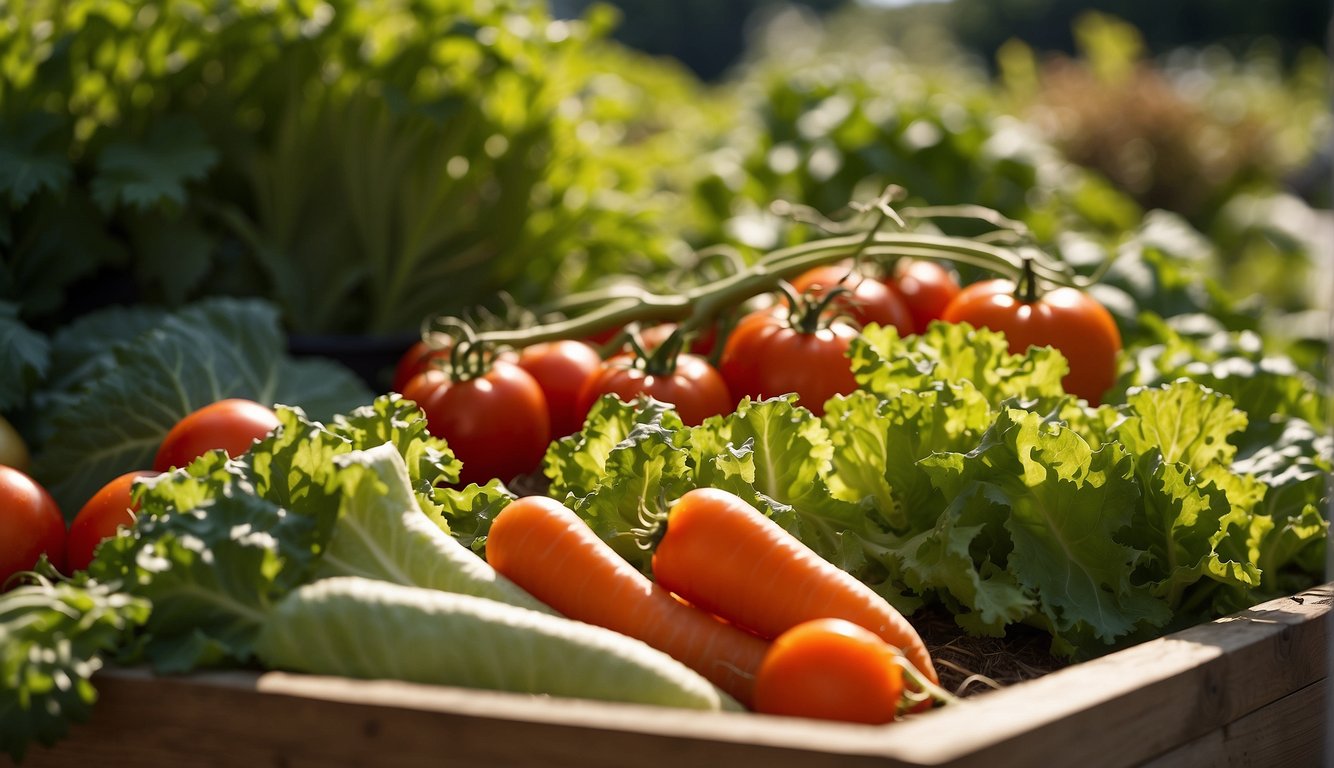 A variety of colorful vegetables, such as carrots, tomatoes, and lettuce, are neatly organized in a garden bed, basking in the warm sunlight