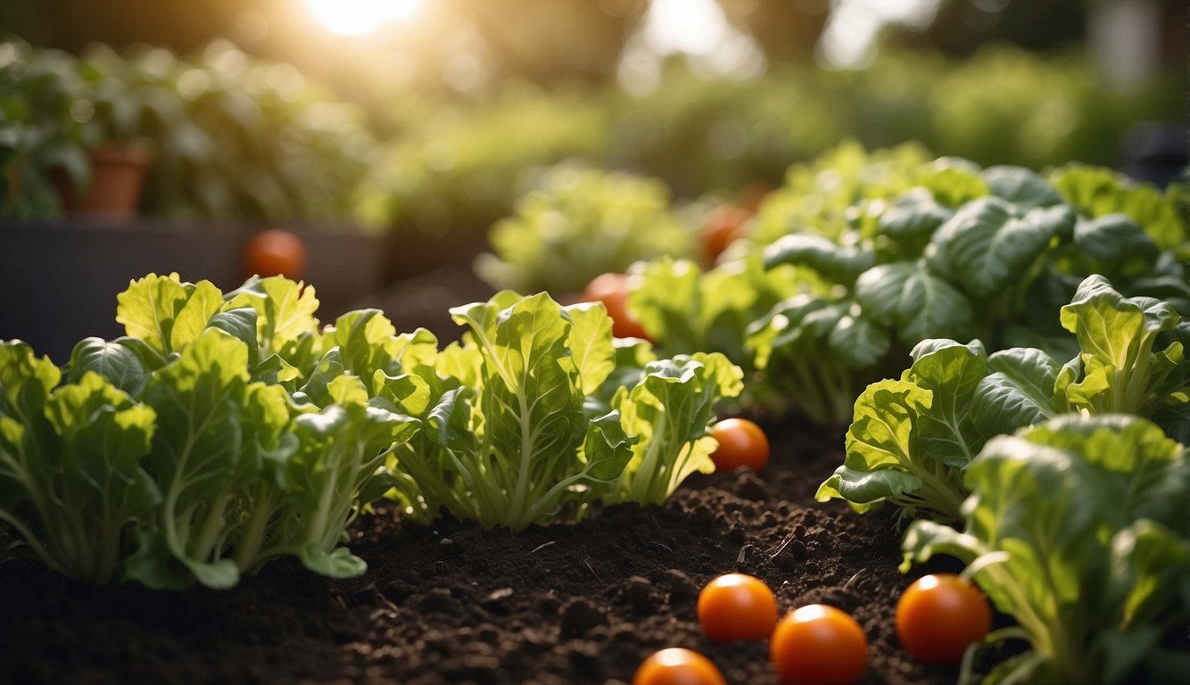 Lush garden with vibrant, thriving vegetables like tomatoes, lettuce, and carrots. Sunlight filters through the leaves, and the soil is rich and dark
