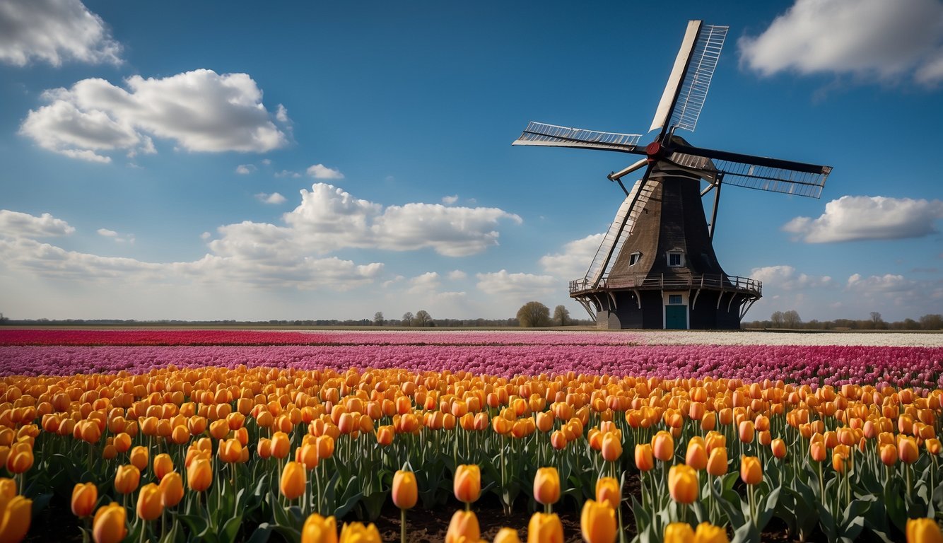 A windmill stands tall against a bright blue sky, surrounded by colorful tulip fields in the Dutch countryside