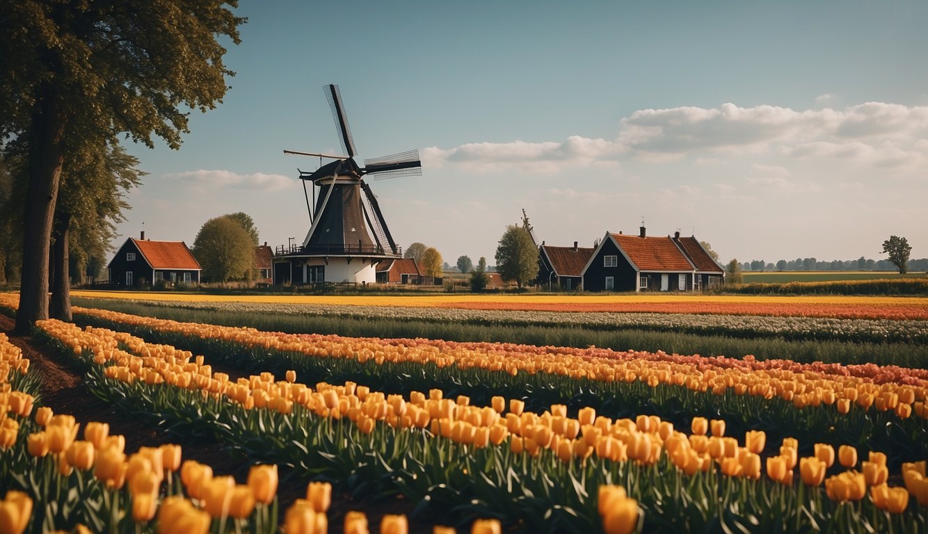 A Dutch landscape with windmills, tulip fields, and a traditional Dutch house on the countryside