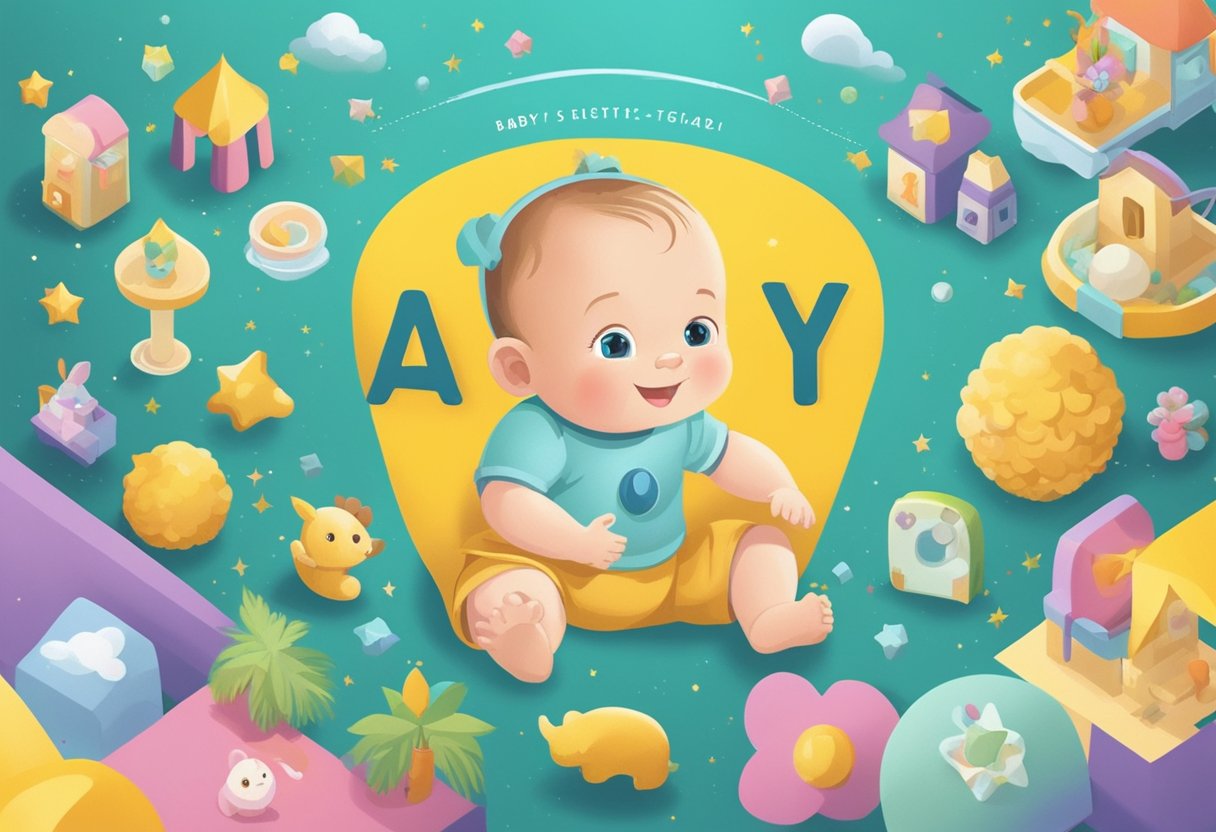 A baby name "Abby" displayed on a colorful banner with playful fonts and surrounded by cute baby-related illustrations