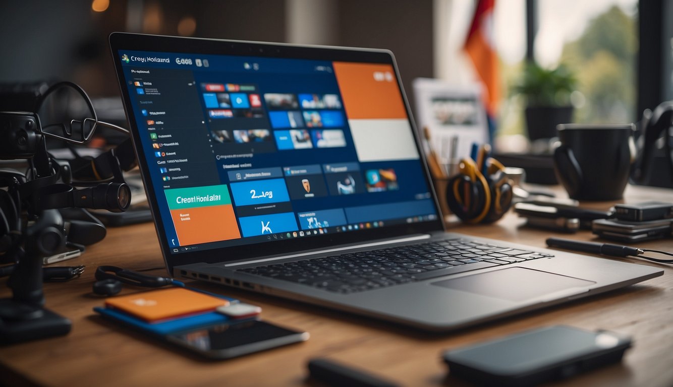 A laptop surrounded by creative tools, with a Dutch flag in the background, representing Jeroen van Holland's digital career in content creation