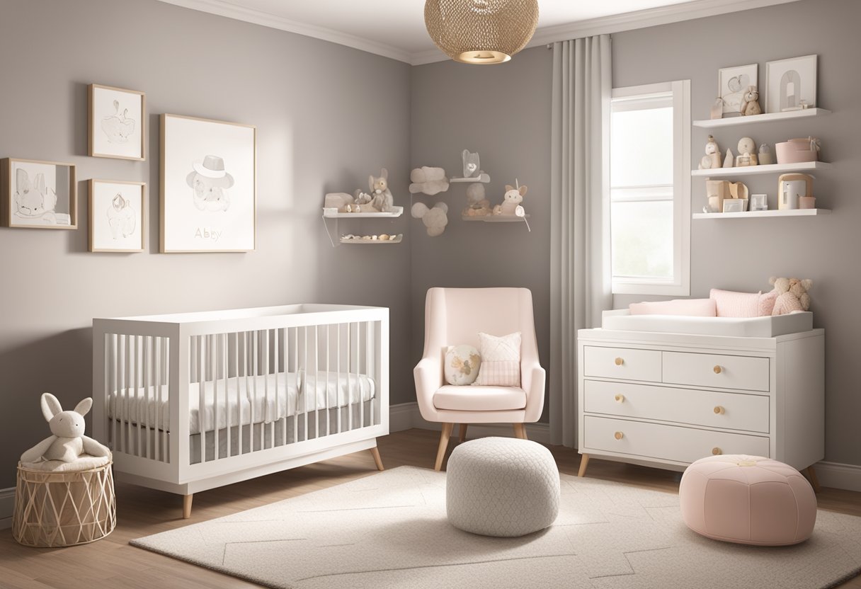 A modern nursery with "Abby" displayed on a name plaque, surrounded by trendy decor and baby items