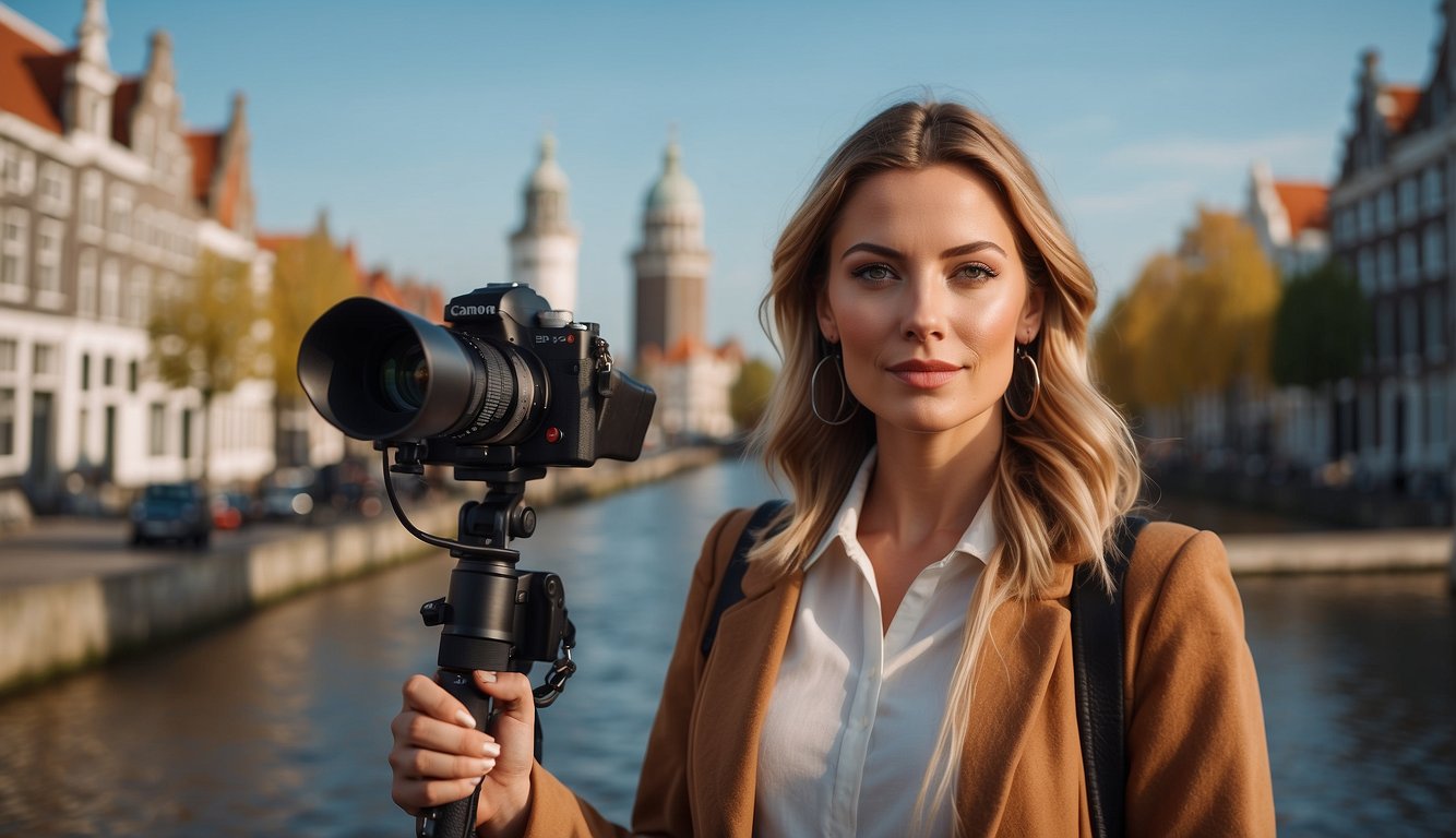 A Dutch YouTuber and influencer, Sophie Milzink, stands confidently with a camera and microphone, surrounded by a backdrop of iconic Dutch landmarks