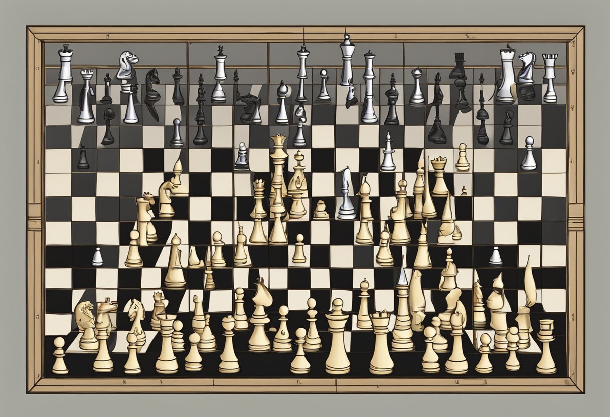 A chessboard with pieces in a checkmate position, showing various patterns