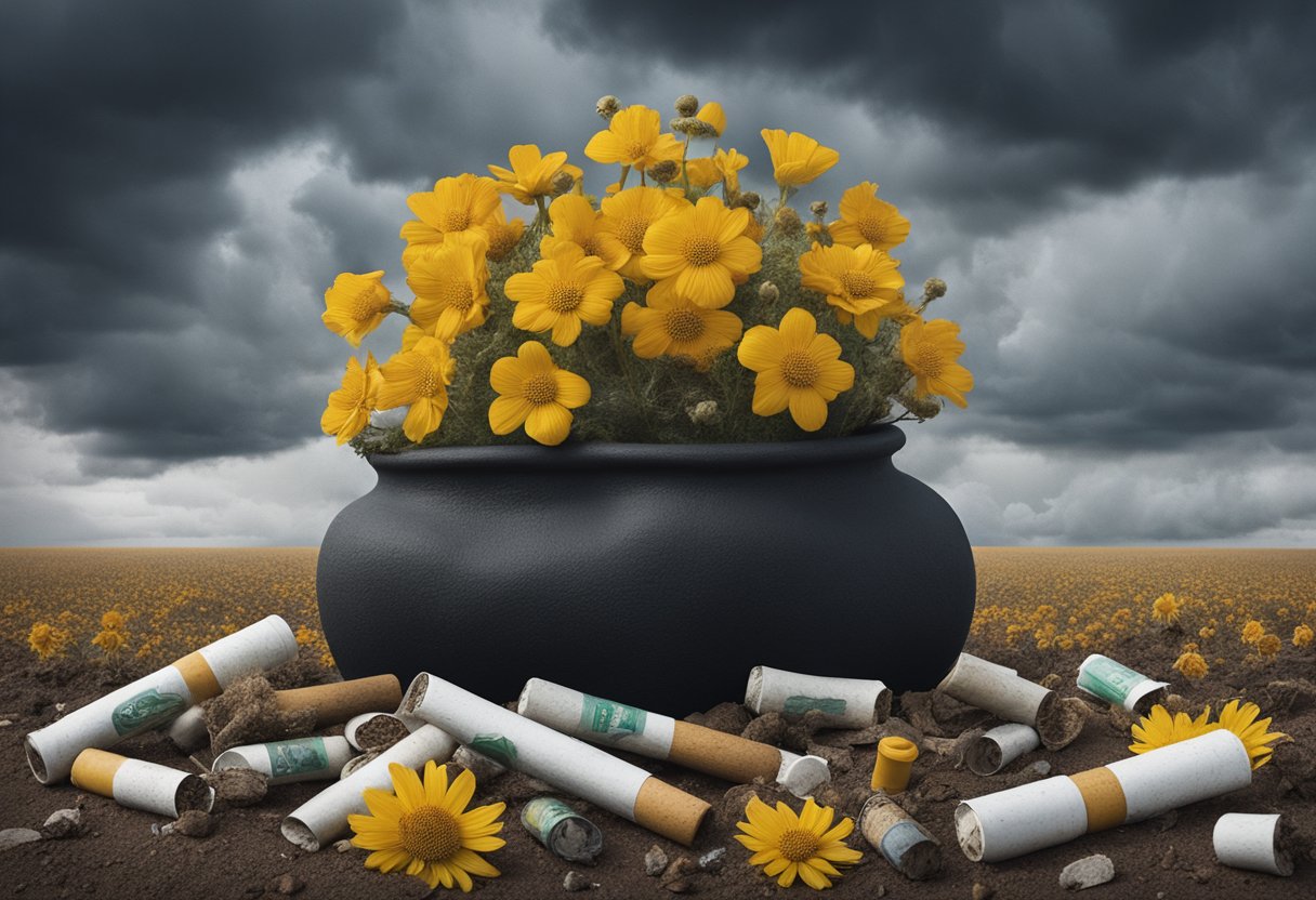 A dark cloud looms over a wilted flower, surrounded by discarded cigarette butts and empty pill bottles