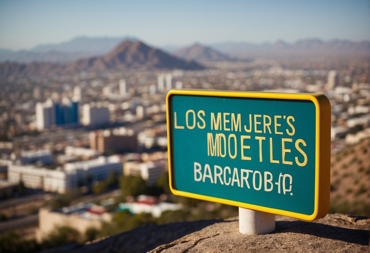 A colorful sign reads 'Los Mejores Moteles Baratos en Chihuahua' against a backdrop of the city's skyline