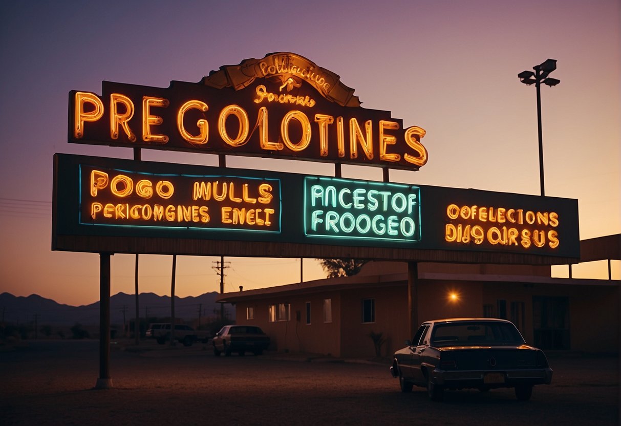 A neon sign illuminates a row of budget motels in Chihuahua, with colorful banners advertising 'Precios y Promociones' enticingly displayed