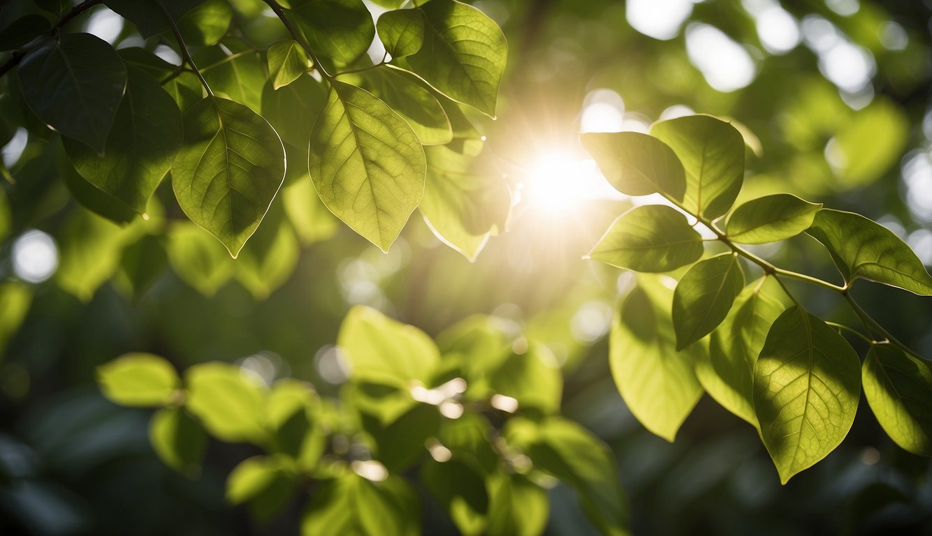 Sunlight filters through lush green leaves, illuminating clusters of vibrant shardunika plants, symbolizing their numerous health benefits
