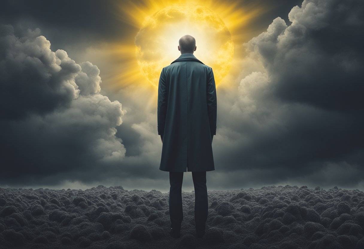 A person standing tall, surrounded by dark clouds representing toxic habits, with a bright sun symbolizing their triumph over cancer